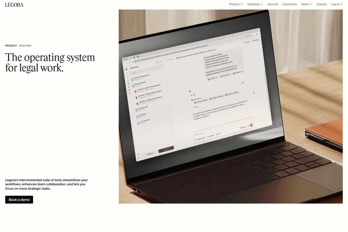 Legora legal workspace UI showing AI document analysis and file management with a clean, modern interface.