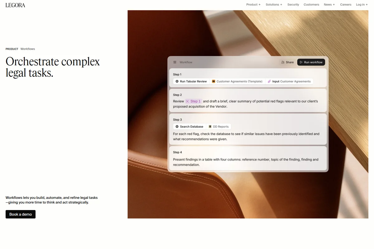 Legora workflows UI showing the step-by-step orchestration of complex legal tasks with a modern glassmorphism interface.
