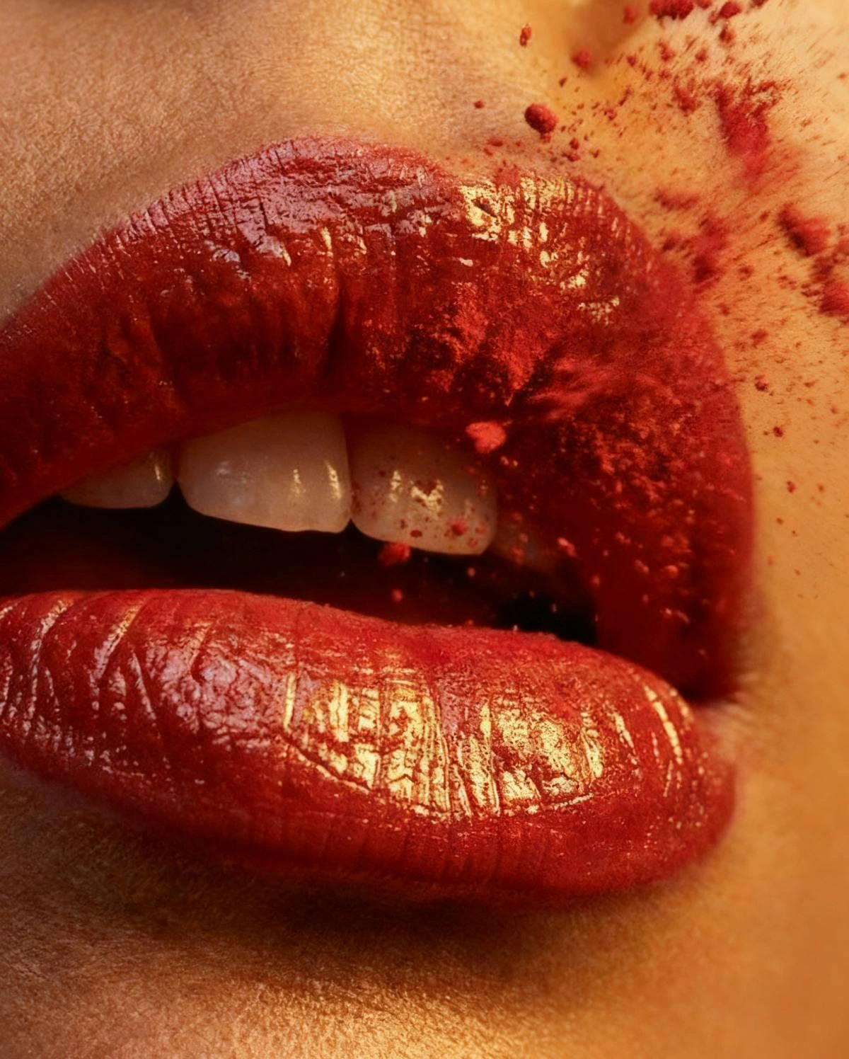 Leonardo AI generated image showing a close-up of glossy red lips with scattered red pigment and a high-detail, artistic rendering style.