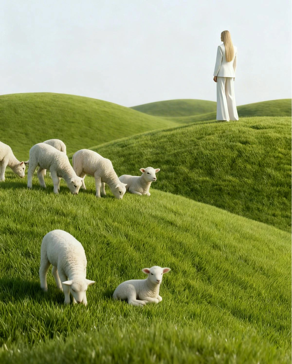 Leonardo AI generated image depicting a surreal pastoral landscape with sheep and a person in a white suit walking on hills