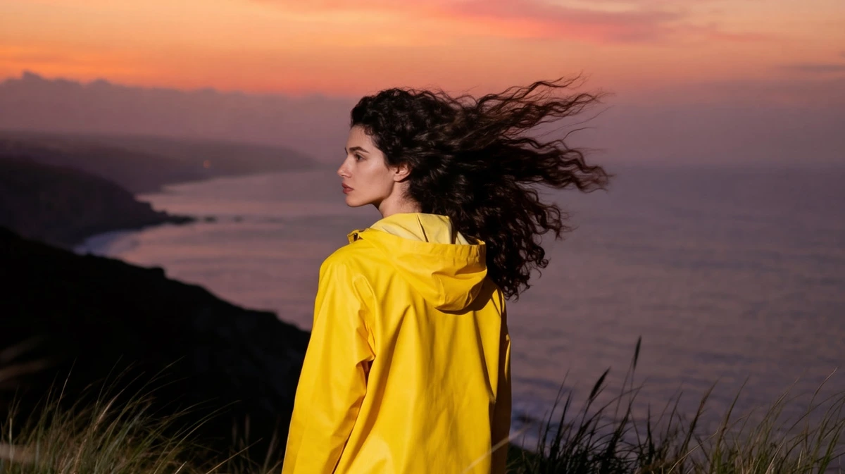 Leonardo AI output sample showing a photorealistic woman in a yellow raincoat during a vibrant sunset.