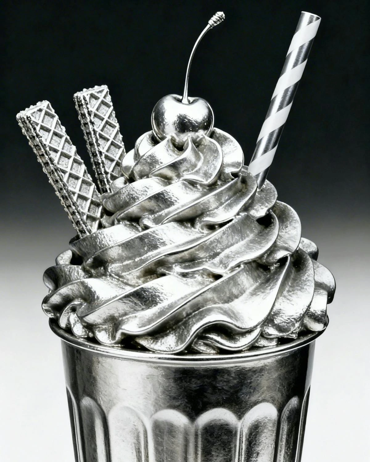 Leonardo AI output sample showing a hyperrealistic metallic milkshake with whipped cream, cherry, and wafers, demonstrating advanced image generation capabilities.
