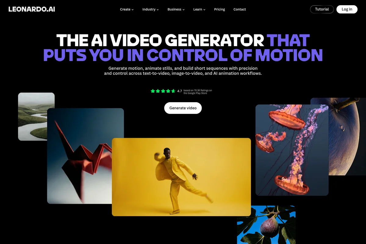 Leonardo AI landing page showcasing its AI video generator capabilities with a prominent hero headline and diverse visual output examples.