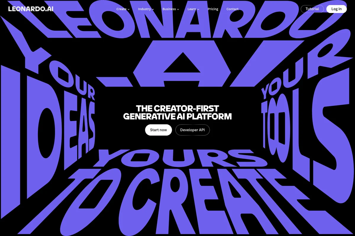 Leonardo AI homepage hero featuring dynamic purple text 'Your Ideas Your Tools Yours to Create' in a 3D perspective.