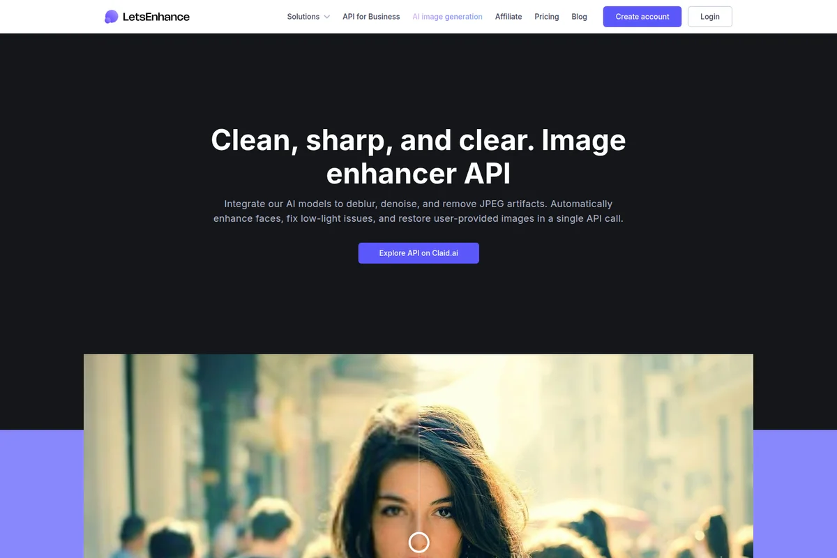 LetsEnhance landing page hero showing AI image enhancement capabilities for deblurring, denoising, and restoring images, with a dark-themed modern interface.