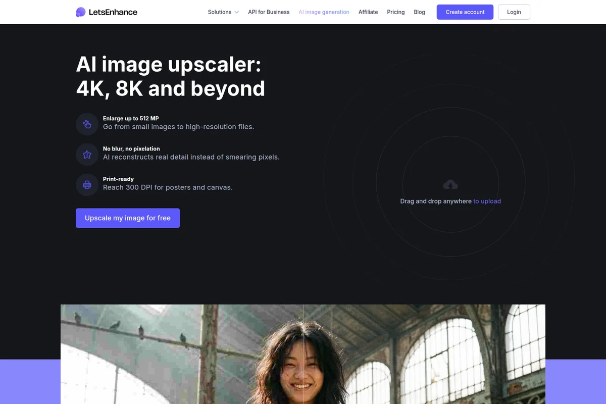 LetsEnhance AI image upscaler landing page with feature list and drag-and-drop upload area, featuring a dark interface.