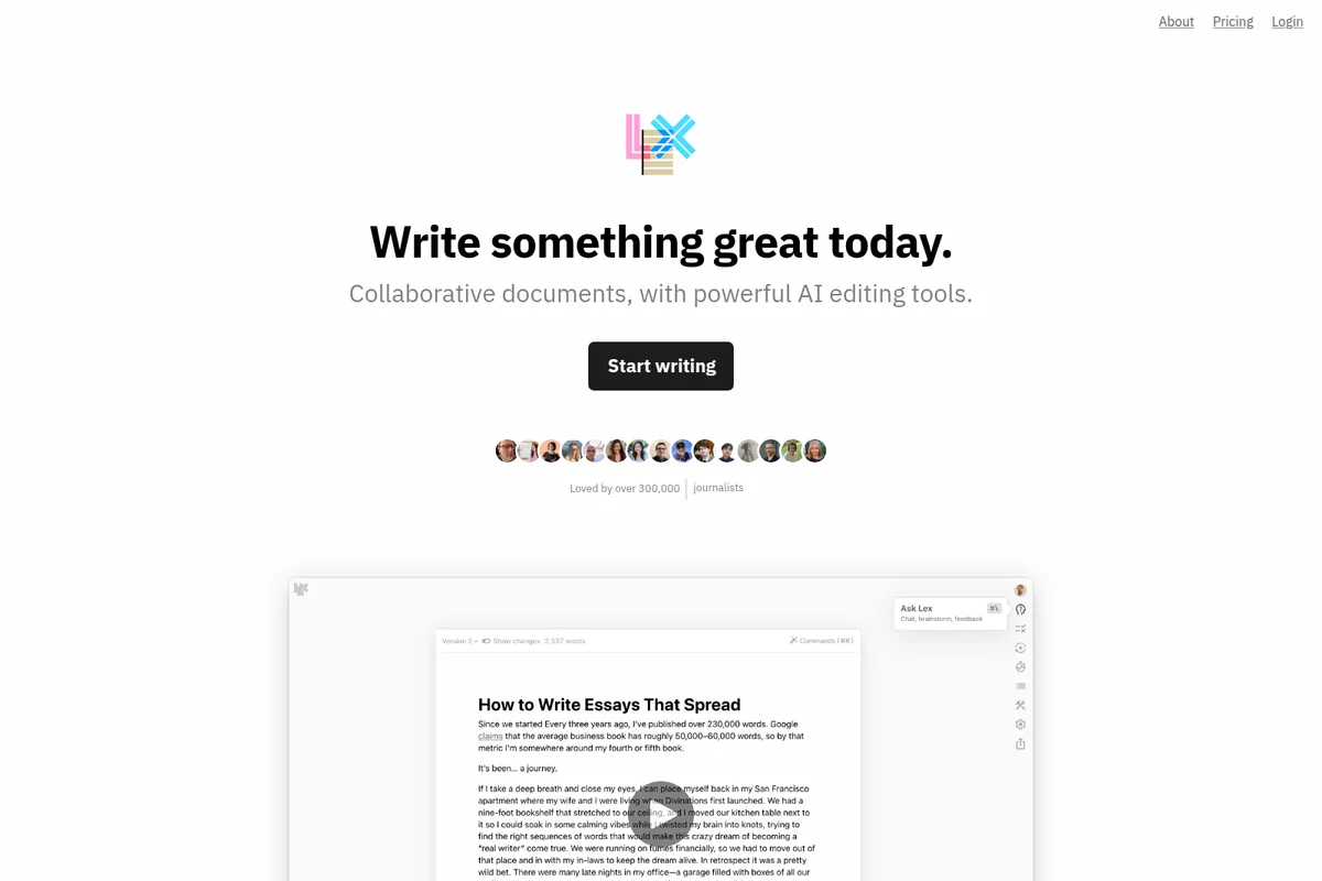 Lex workspace UI showing an AI-powered document editor with collaborative features and a clean interface.