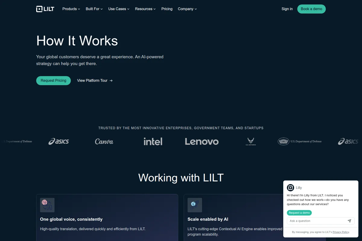Lilt 'How It Works' page showcasing global customer experience and AI strategy with a dark-mode clean interface.