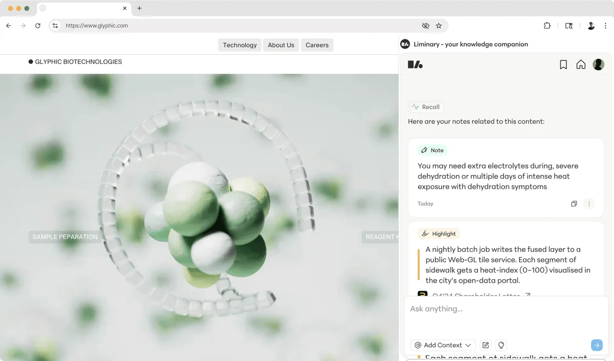 Liminary AI knowledge companion showing contextual notes and highlights related to a biotechnology webpage with a clean interface.
