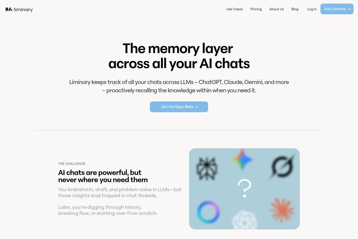 Liminary landing page hero section announcing its AI chat memory layer with a clean, modern aesthetic.