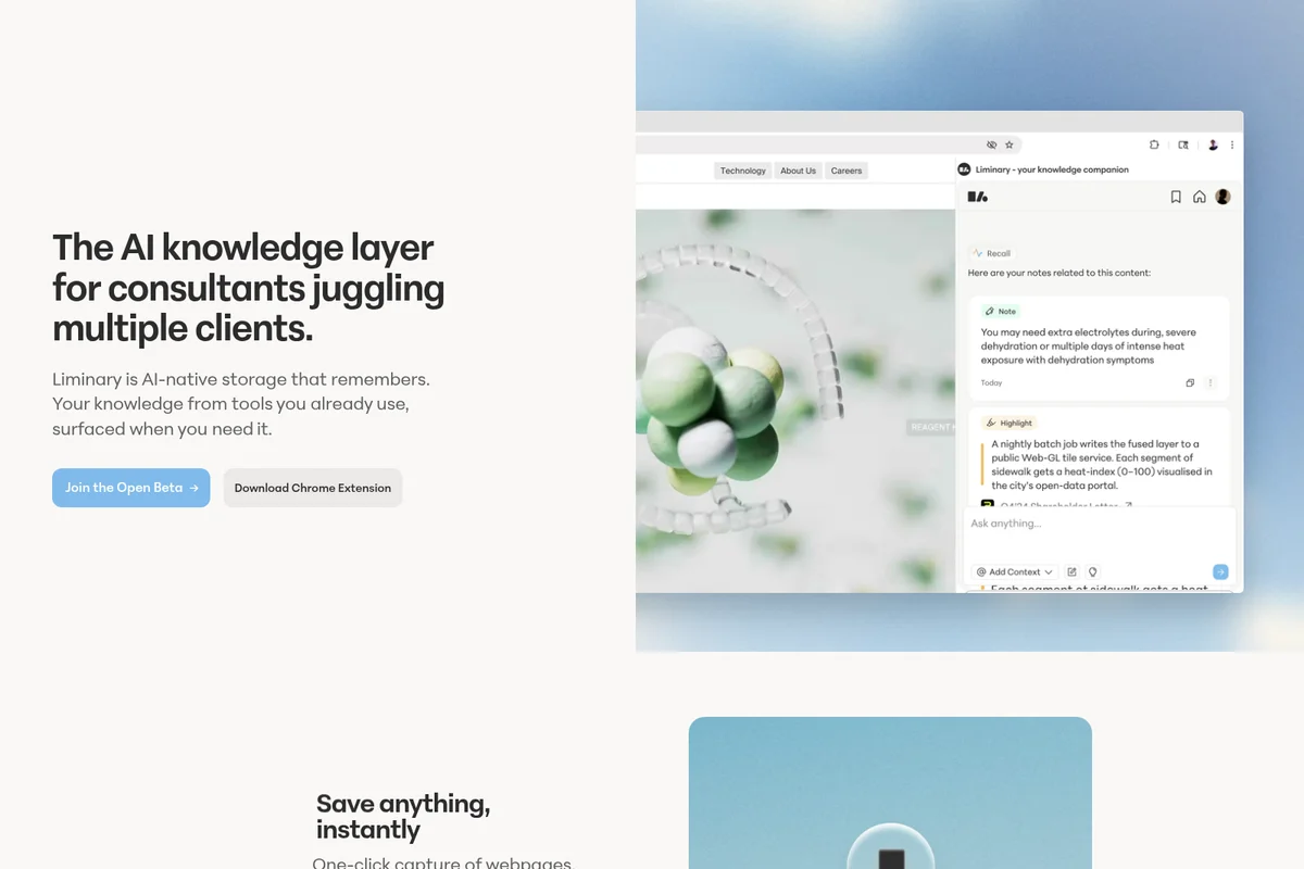 Liminary workspace UI showing AI-powered knowledge recall and notes within a clean, light-themed browser interface.