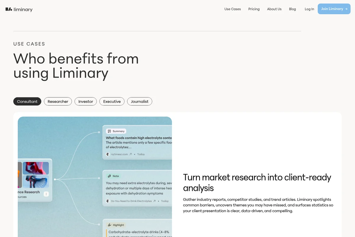 Liminary workspace UI showing connected research notes and summaries in a modern glassmorphism interface.