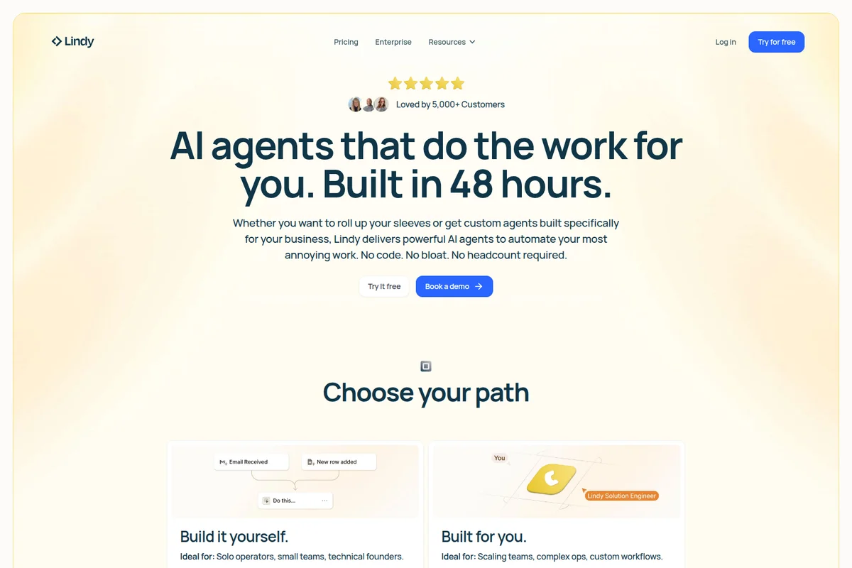Lindy AI landing page showcasing AI agents built in 48 hours and options for self-service or custom solutions with a clean modern interface.
