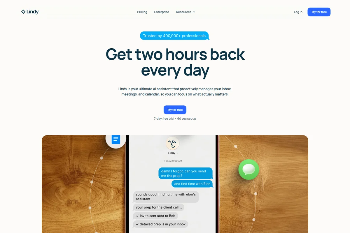 Lindy AI workspace showing the assistant's chat interface for managing tasks and scheduling appointments.