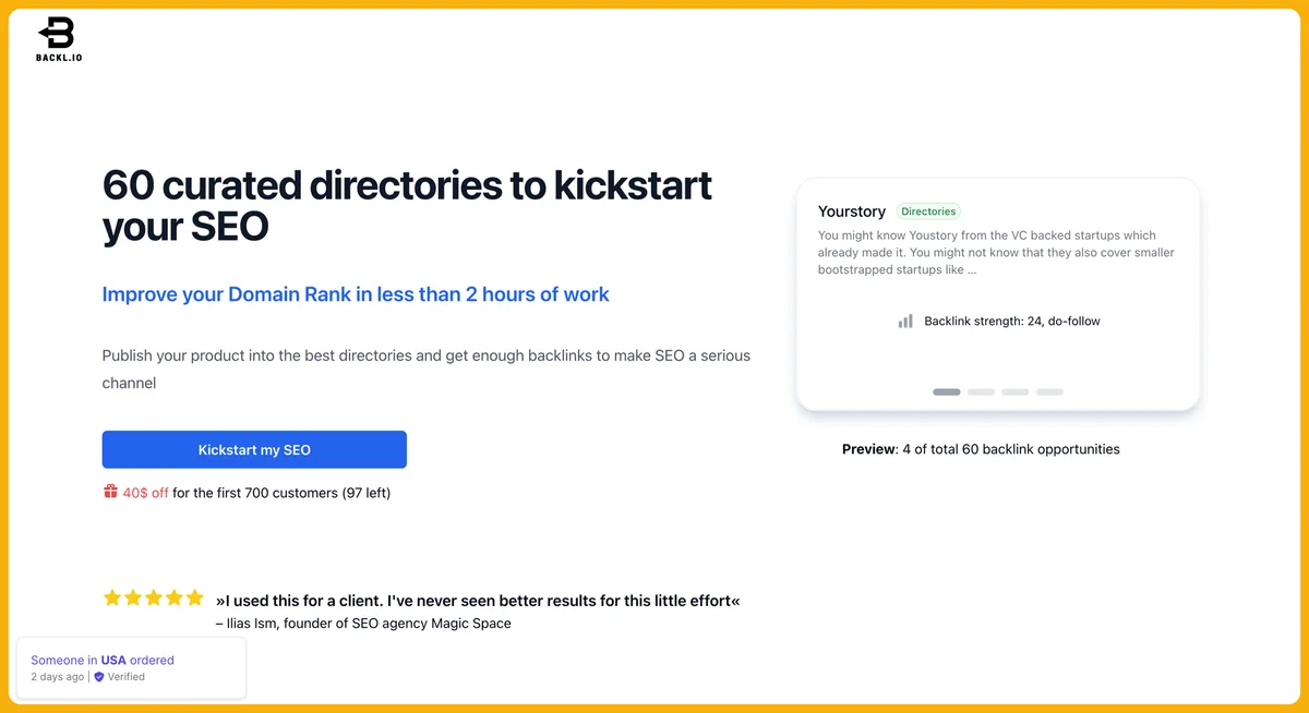 Backl.io landing page showing curated directories, a backlink opportunity preview, and user testimonials with a clean modern interface.