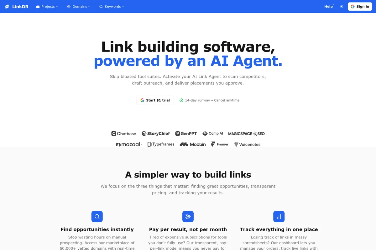LinkDR homepage showcasing AI-powered link building software with a clean, modern interface and tool integrations