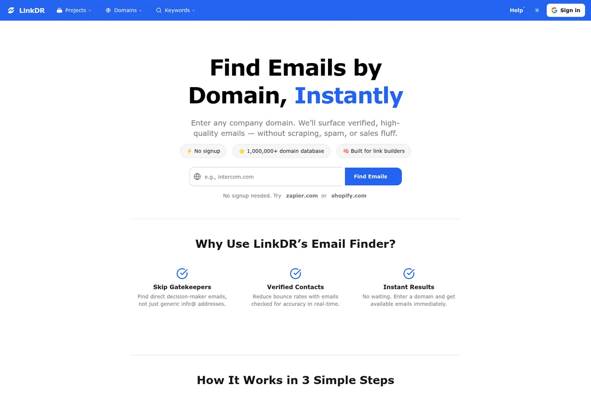 LinkDR homepage showcasing the domain email finder tool with a clean, modern interface.