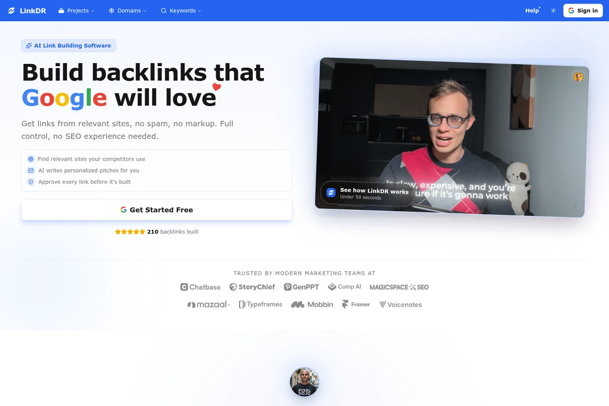 LinkDR homepage showcasing the value proposition for building Google-loved backlinks with an embedded product explanation video.