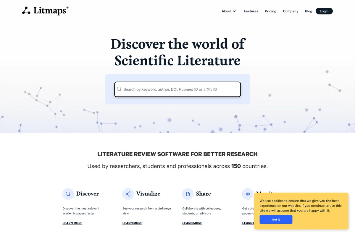 Litmaps homepage showing a search bar for scientific literature and key features in a clean, minimalist interface.