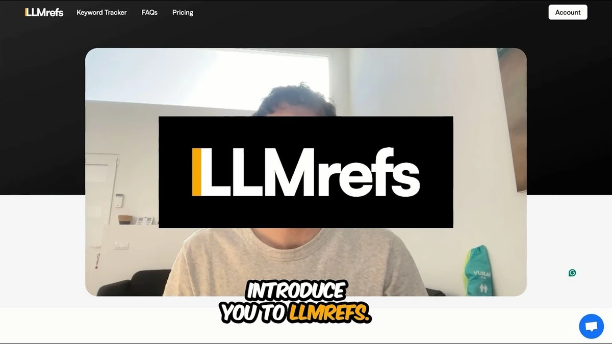 LLMrefs landing hero showing a presenter introducing the tool with its prominent branding on a dark web interface.