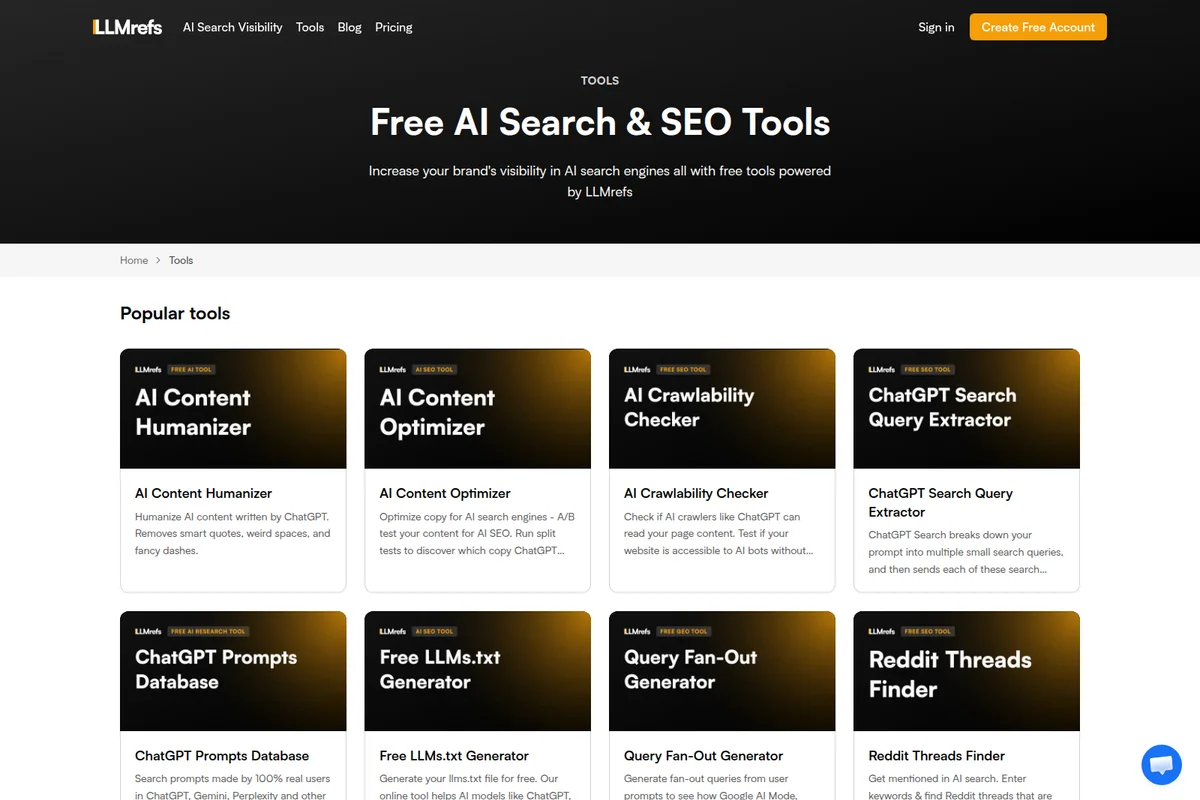 LLMrefs tools page showcasing a directory of free AI search and SEO tools with a modern dark-mode interface.