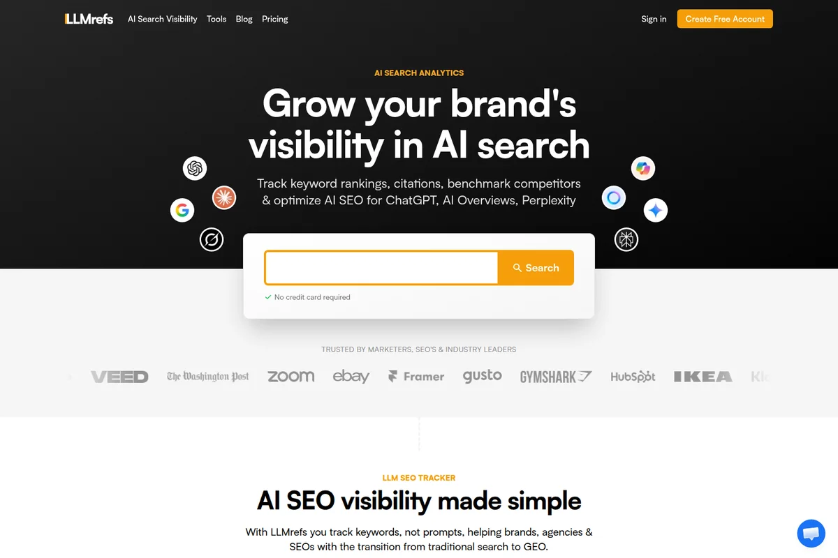 LLMrefs homepage hero section displaying a search bar for AI search analytics with a dark-mode modern design.