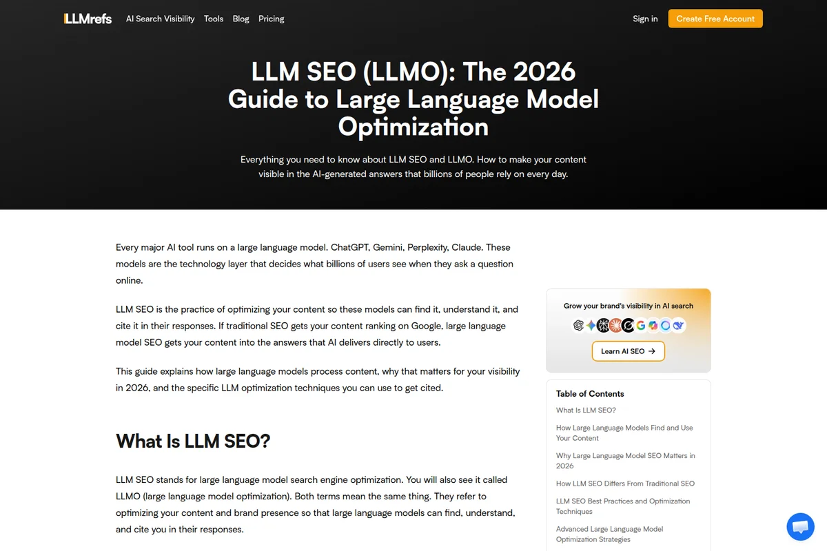 LLMrefs guide page discussing LLM SEO with a dark hero header and light content section