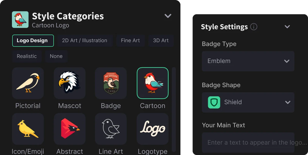 Logo-diffusion workspace showing style categories and badge settings with a dark-mode interface.