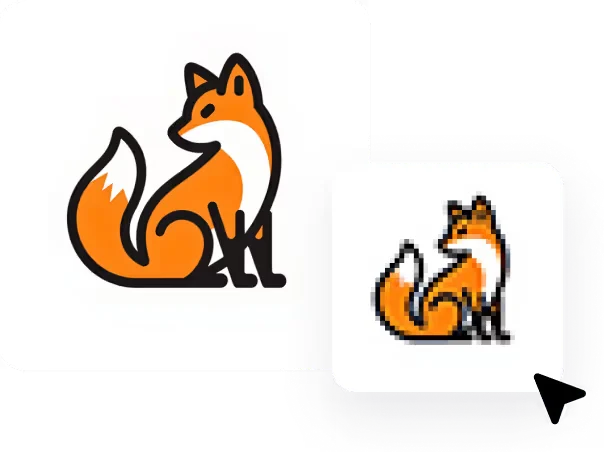 Logo-diffusion output sample showing a fox logo transformation from a clean vector style to a retro pixel art style.