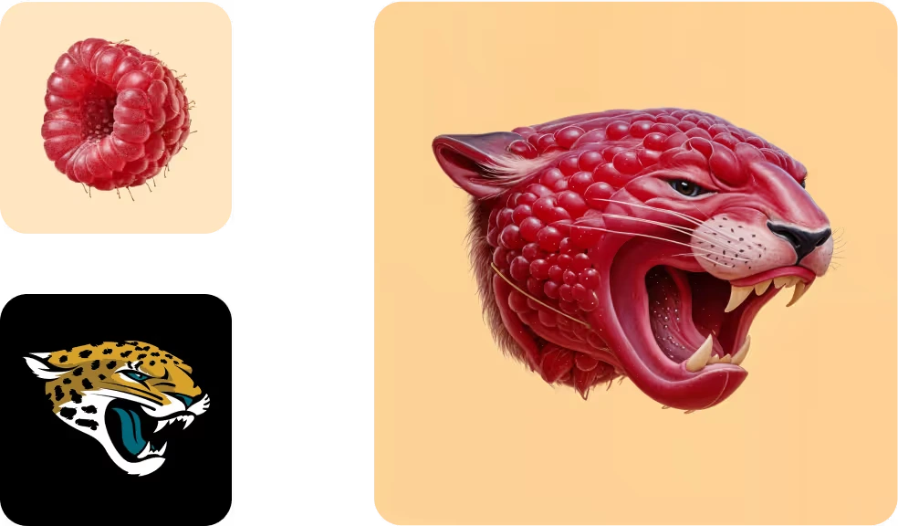 Logo-diffusion output displaying a fierce jaguar head composed of raspberries, showcasing creative synthesis from source elements.