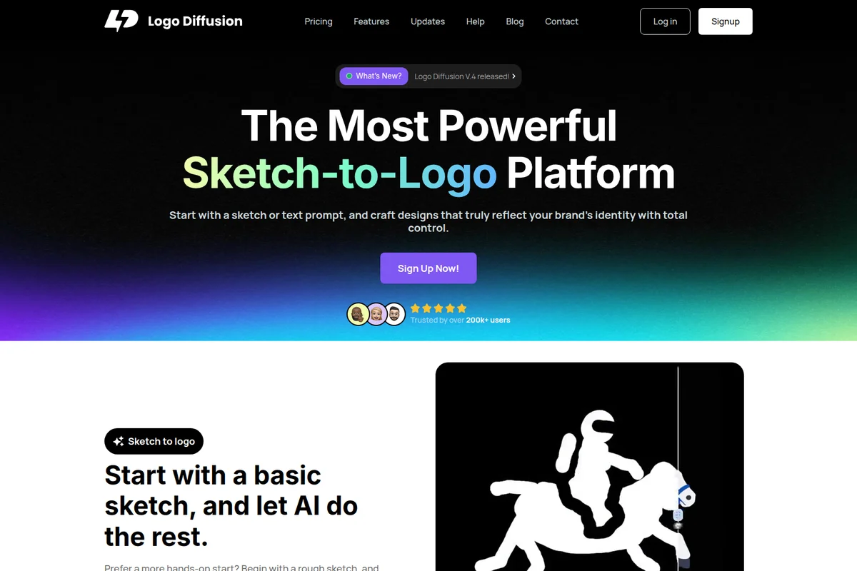 Logo Diffusion landing page hero section displaying 'The Most Powerful Sketch-to-Logo Platform' with a dark gradient theme.