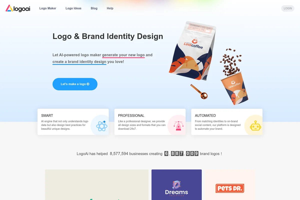 LogoAi homepage showing AI-powered logo and brand identity design with modern, clean interface and coffee branding examples.