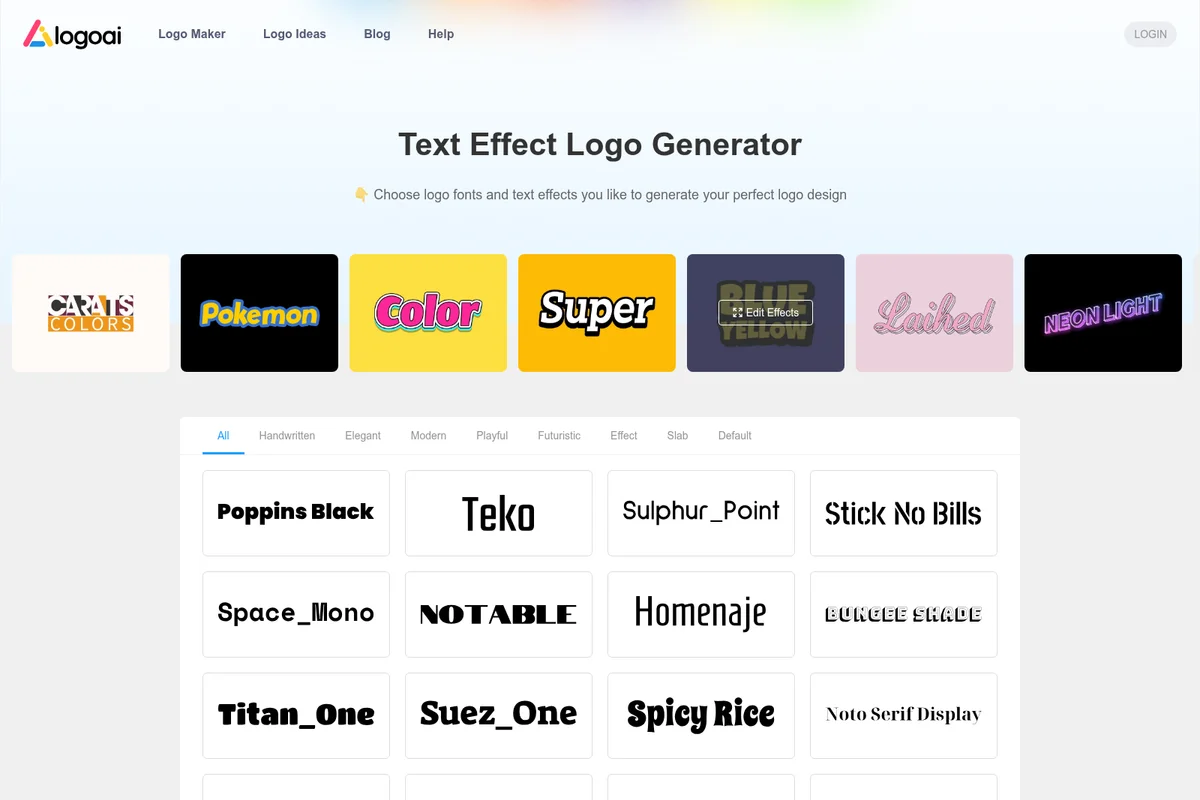 Logoai Text Effect Logo Generator showing diverse text effect examples and font selection options with a clean, modern interface.