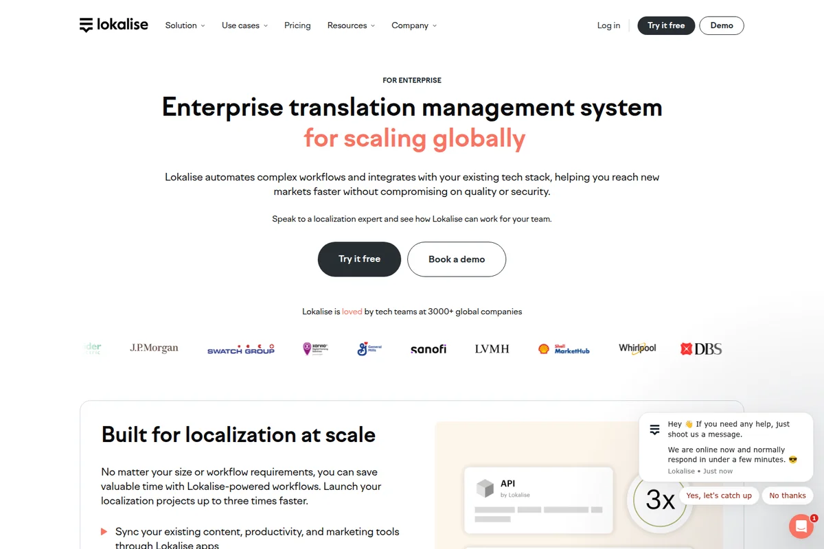 Lokalise enterprise landing page showcasing its translation management system for global scaling with a clean modern design.