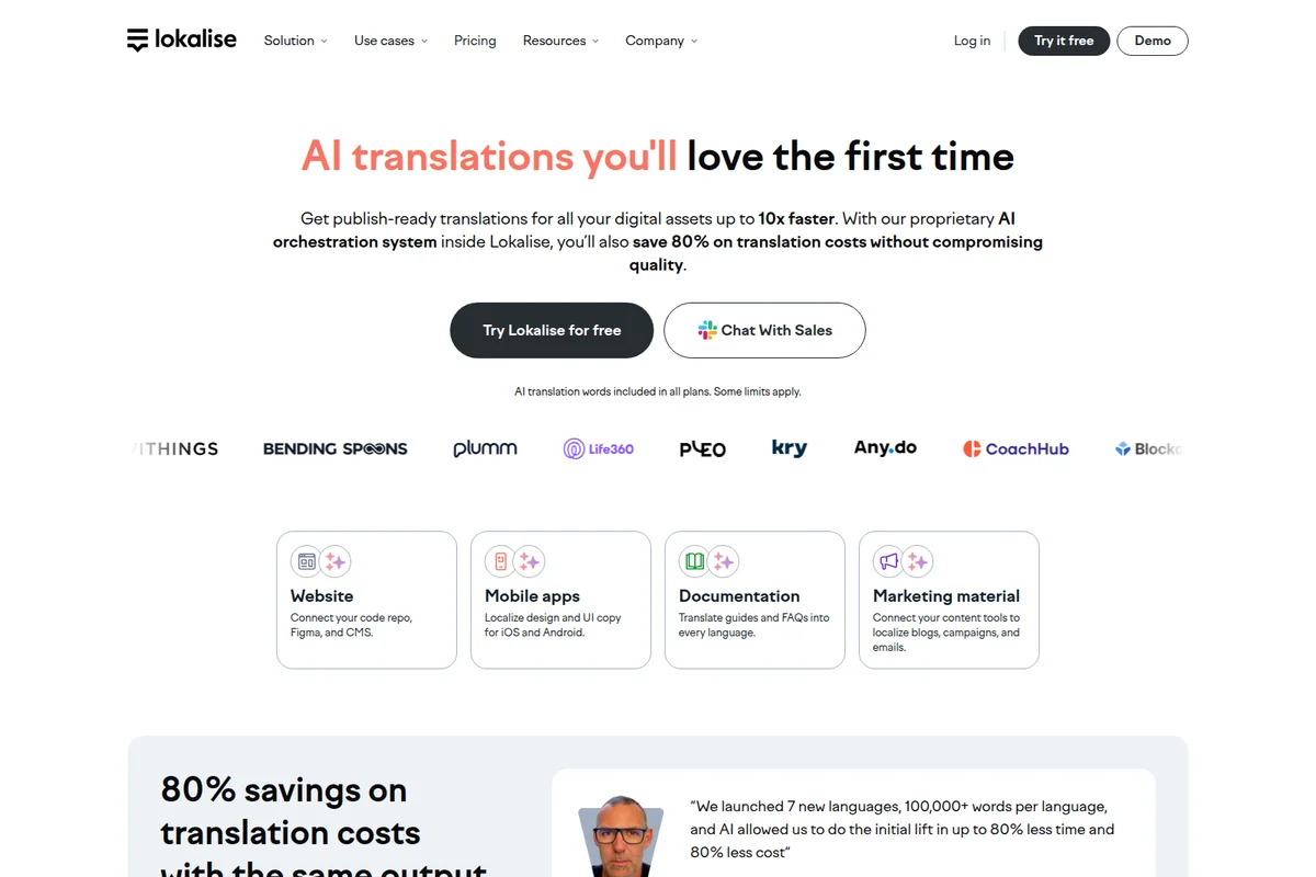 Lokalise AI translations landing page highlighting 10x faster delivery and 80% cost savings with a clean, modern interface.