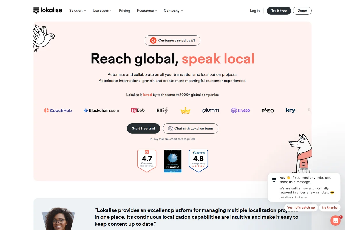Lokalise homepage hero section promoting global reach and local speaking, featuring customer ratings and a clean interface.