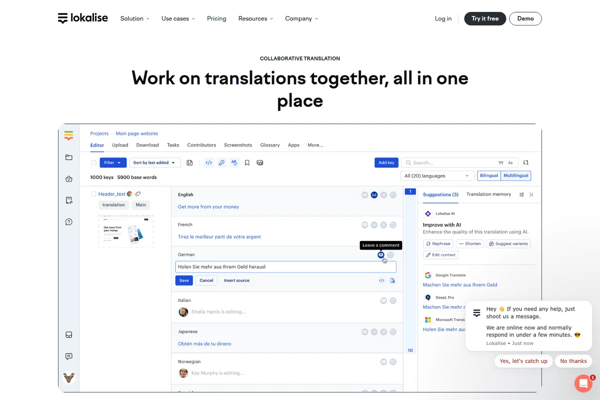 Lokalise workspace showing collaborative translation and AI suggestions in a clean, modern interface.