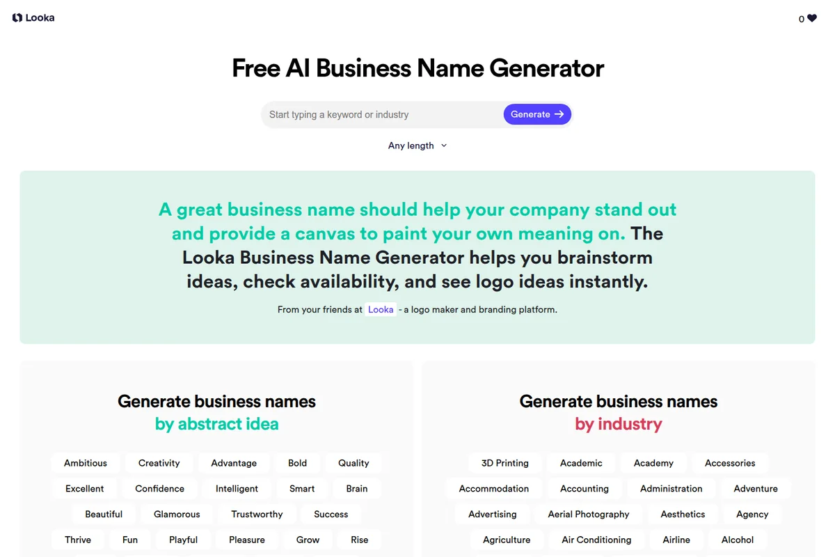 Looka Business Name Generator workspace showing the name input field and options to generate by abstract idea or industry with a clean interface.