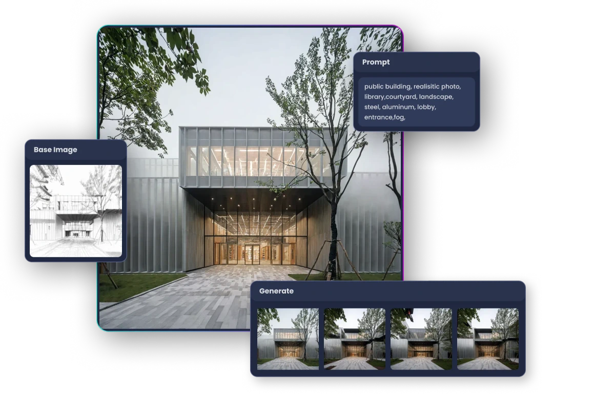 lookx AI design tool demonstrating architectural image generation from a sketch and text prompt with a modern, dark interface.