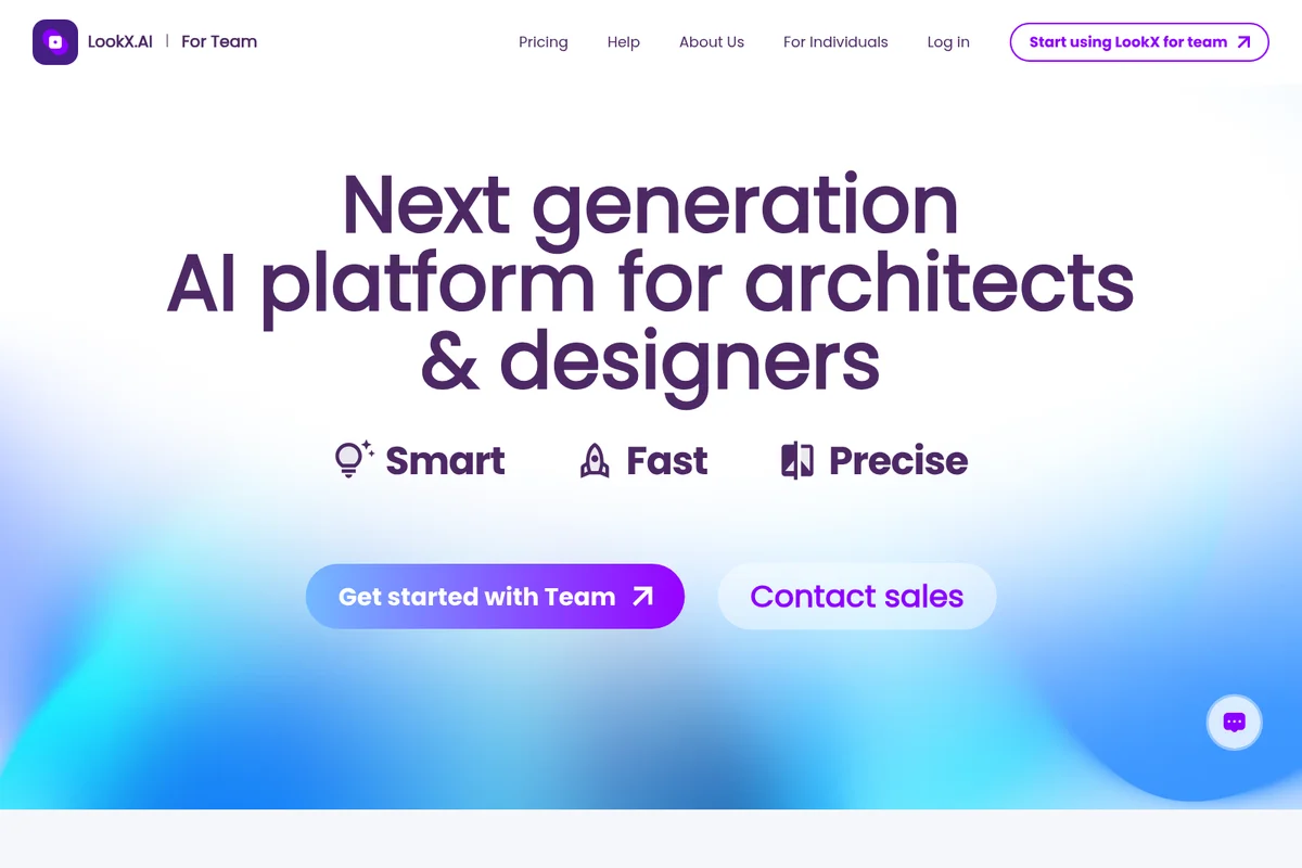 LookX.AI landing hero promoting a next-generation AI platform for architects and designers, highlighting smart, fast, and precise capabilities with a modern gradient background.