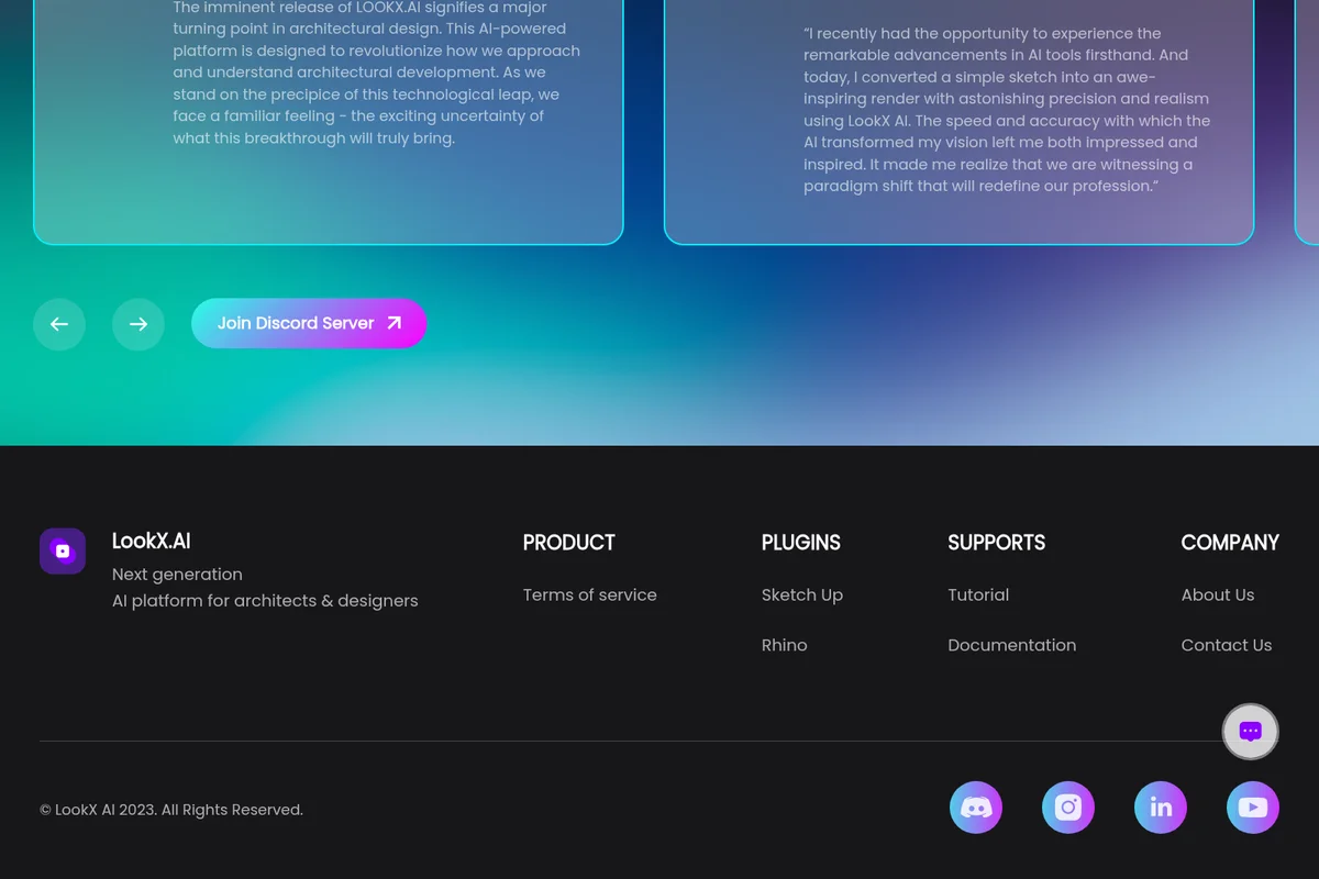 LookX.AI homepage section describing AI architectural design capabilities and user testimonial on a vibrant gradient background.