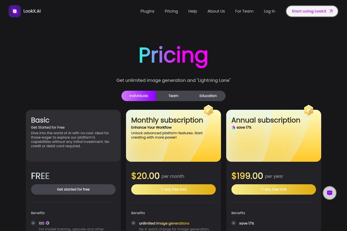 LookX.AI pricing page displaying monthly and annual subscription options with a dark-mode interface.