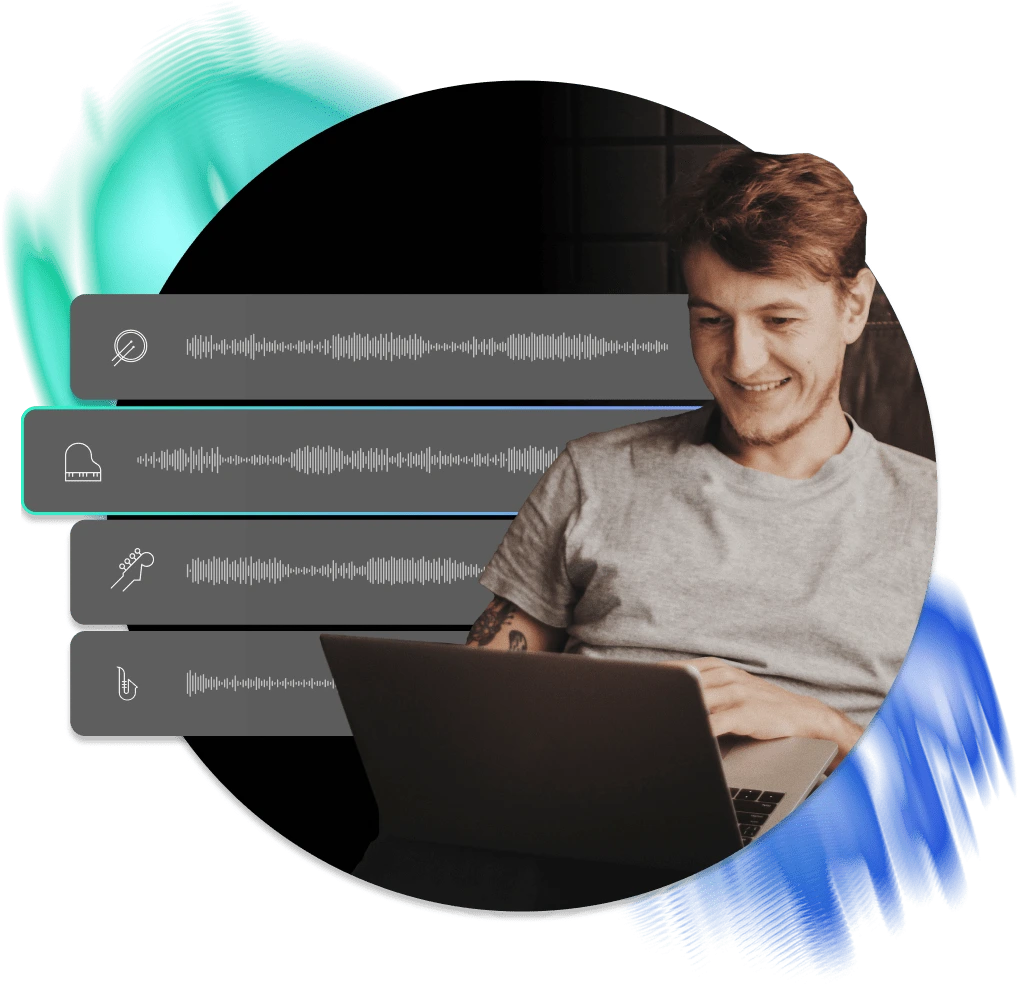 Loudly workspace showing multi-track audio editing with instrument separation icons and a smiling user.