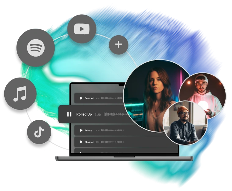 Loudly music distribution platform showing an active music player on a laptop, surrounded by icons for streaming services like Spotify and YouTube, and portraits of diverse artists against a vibrant background.