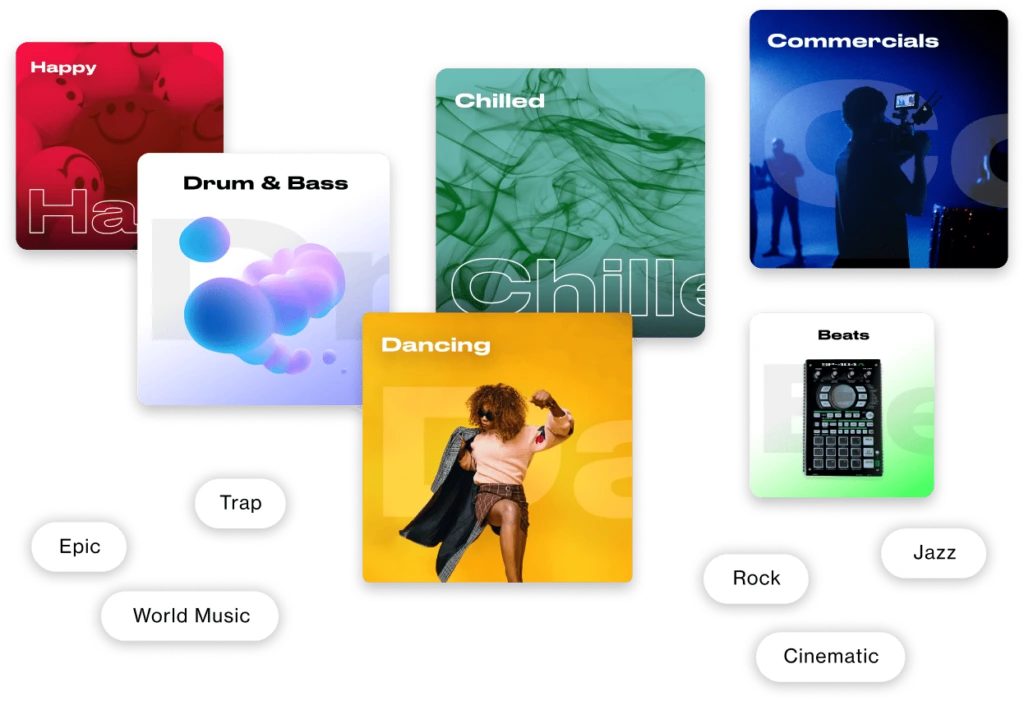Loudly music and sound library showing diverse genre cards like Happy, Drum & Bass, and Commercials with a dynamic, modern UI.
