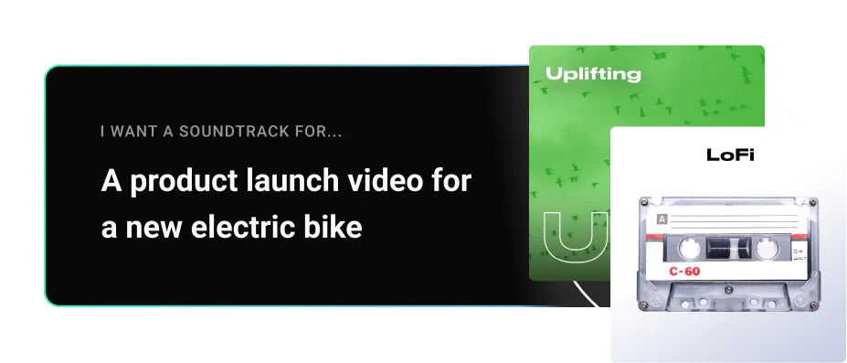 loudly music selection interface showing a prompt for an electric bike launch video and genre suggestions 'Uplifting' and 'LoFi' with thematic icons.