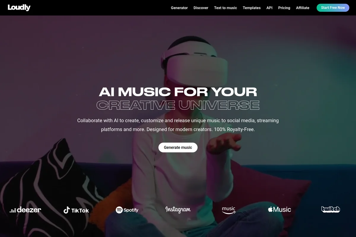 Loudly homepage hero showing 'AI Music for Your Creative Universe' with a person wearing a VR headset and platform logos.