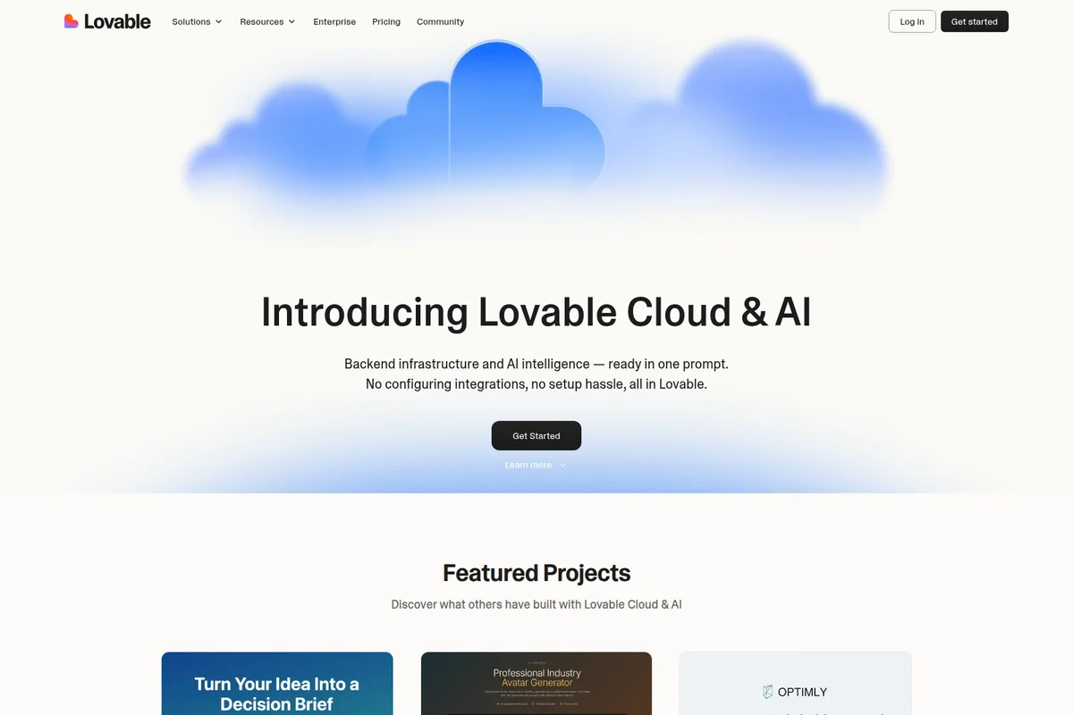 Lovable landing page hero introducing its Cloud & AI platform with a modern, clean interface and blue blurred cloud graphics.
