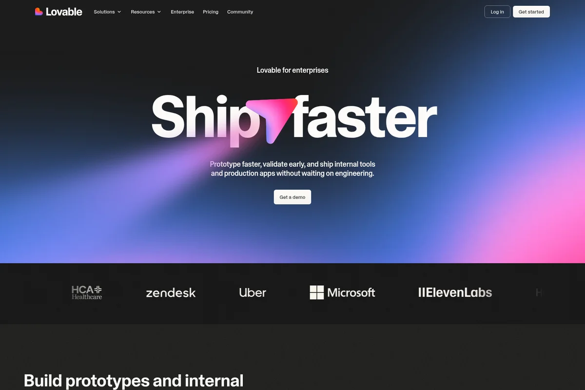 Lovable landing page hero displaying 'Ship faster' slogan with a vibrant pink and purple gradient background.