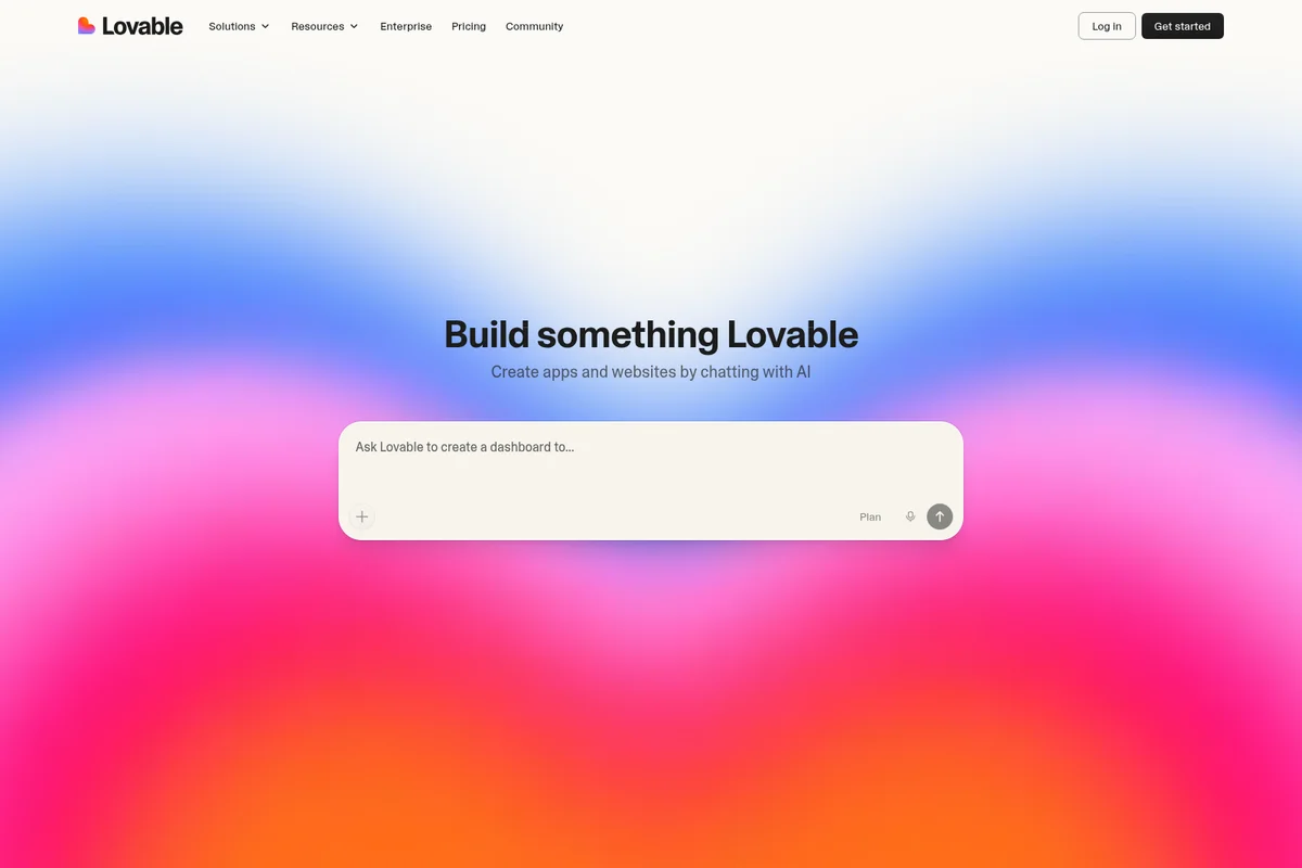 Lovable AI's core chat interface showing a prompt to create a dashboard, set against a vibrant gradient background.